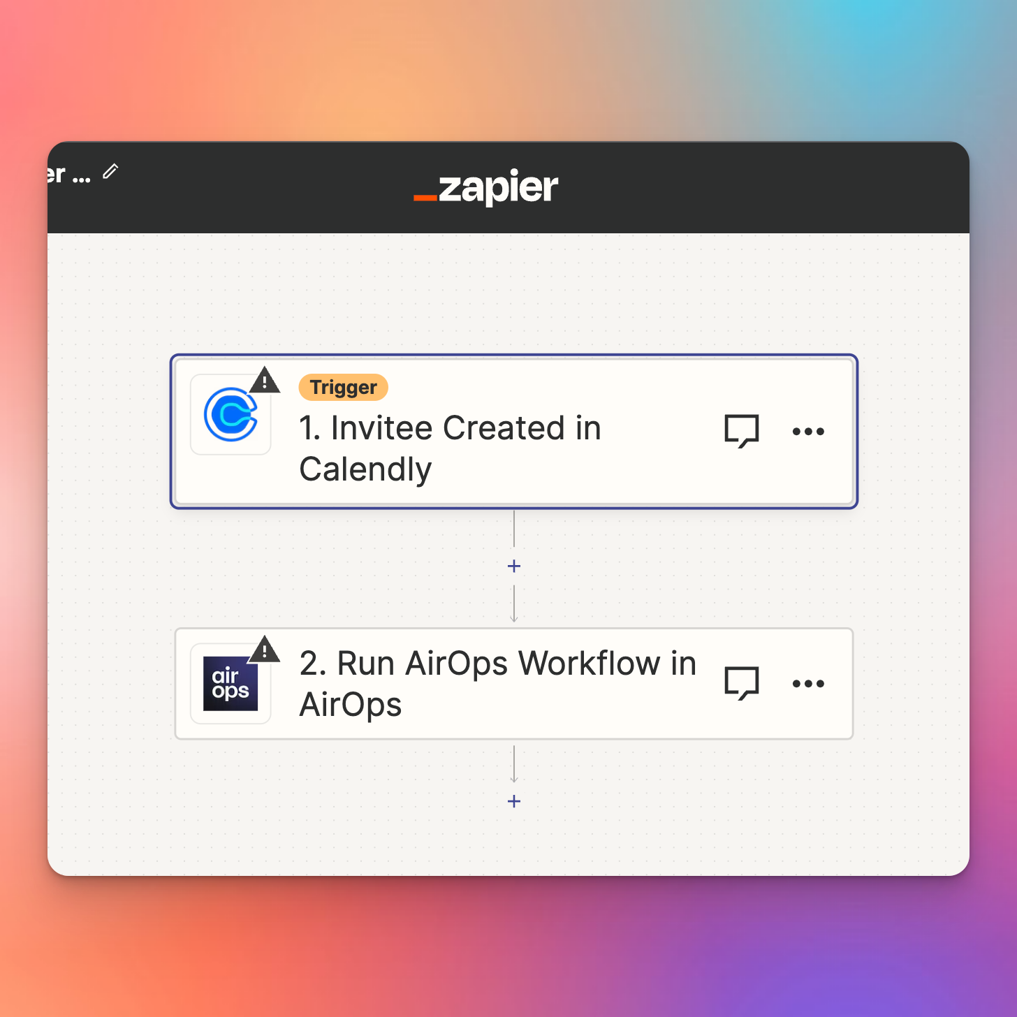 Zapier interface showing a workflow with 'Invitee Created in Calendly' trigger and 'Run AirOps Workflow in AirOps' action.