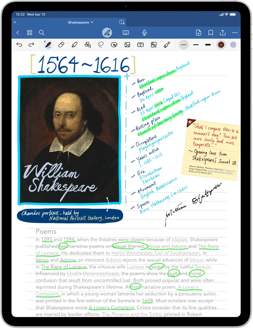 A screenshot of Goodnotes for Schools, which is about the Bio of William Shakespeare.