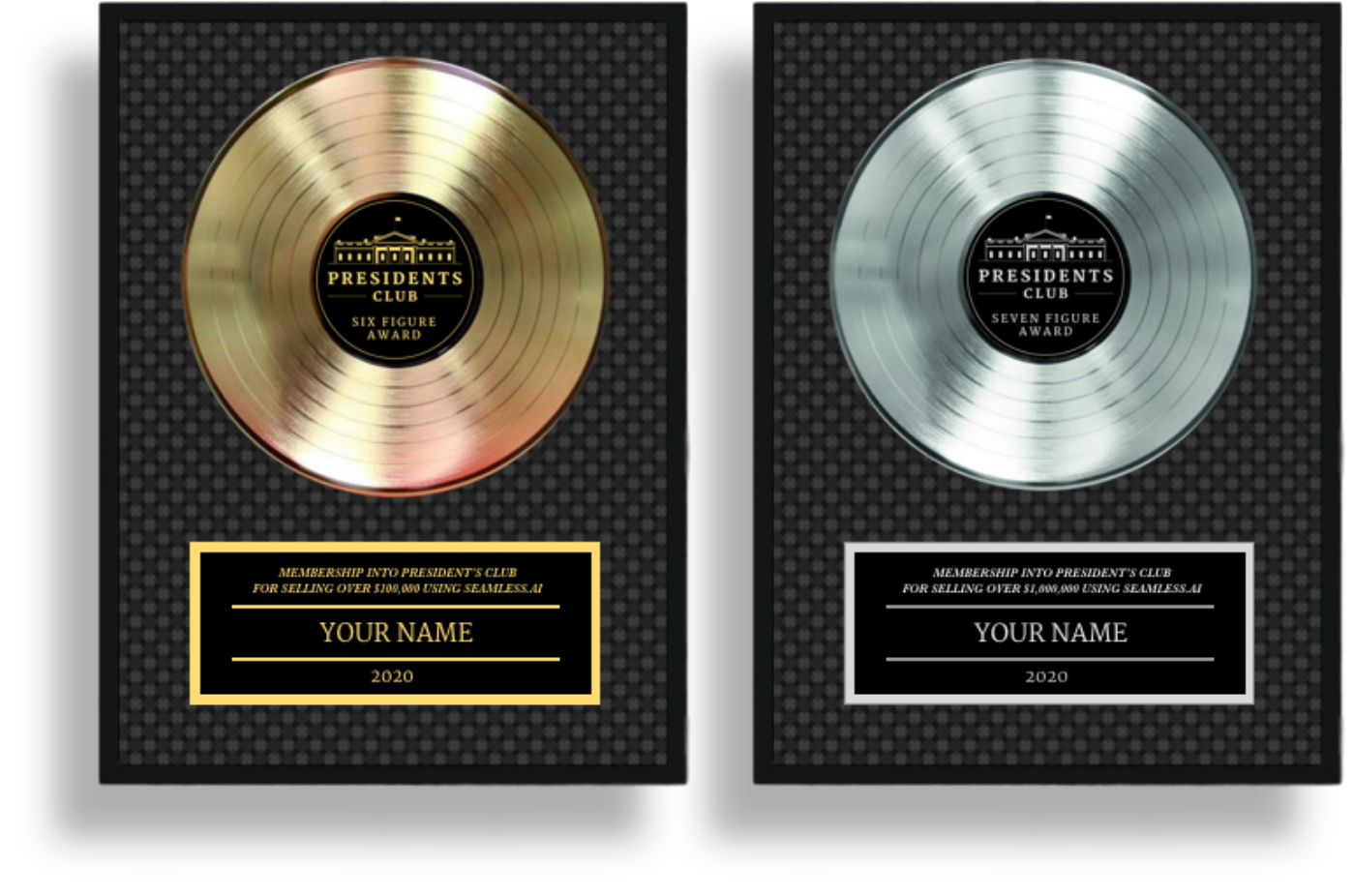 a gold six figure president's club award next to a platinum seven figure award