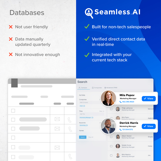 a square display ad comparing what you get with a stale database to all the benefits of Seamless.AI