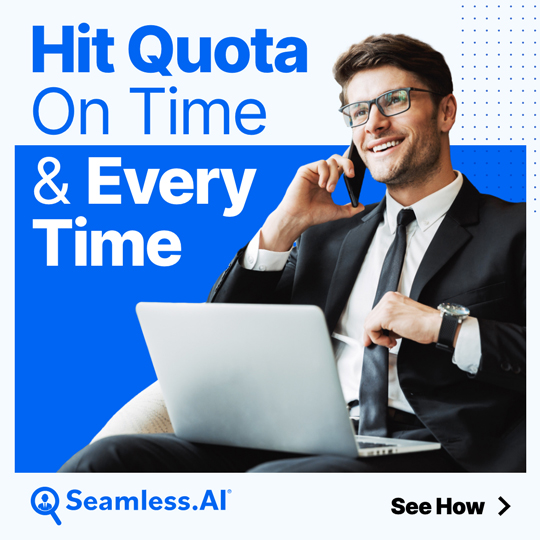 A square display ad with a man in a suit on a laptop talking on the phone with the text hit quota on time and every time beside him