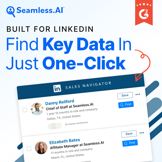 a square display that says built for linkedin find key data in just one click with a mock picture of linkedin sales navigator