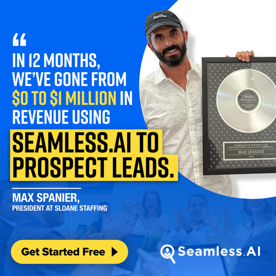 a square blue and yellow display ad with a man holding a presidents club award for earning $1 million with Seamless.AI