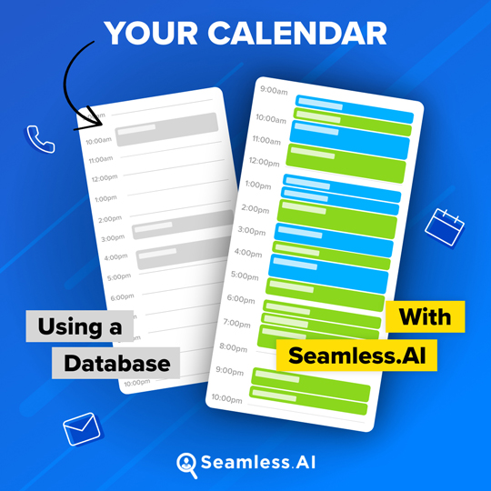 a blue display ad with a gray and empty calendar behind a calendar that's full of blue and green meetings depicting what your calendar is like with Seamless