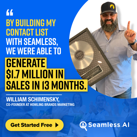 a square blue and yellow display ad with a man holding a presidents club award for earning $1.7 million with Seamless.AI