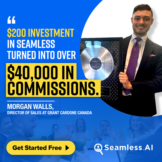 a square blue and yellow display ad with a man holding a presidents club award for earning $2.5 million with Seamless.AI