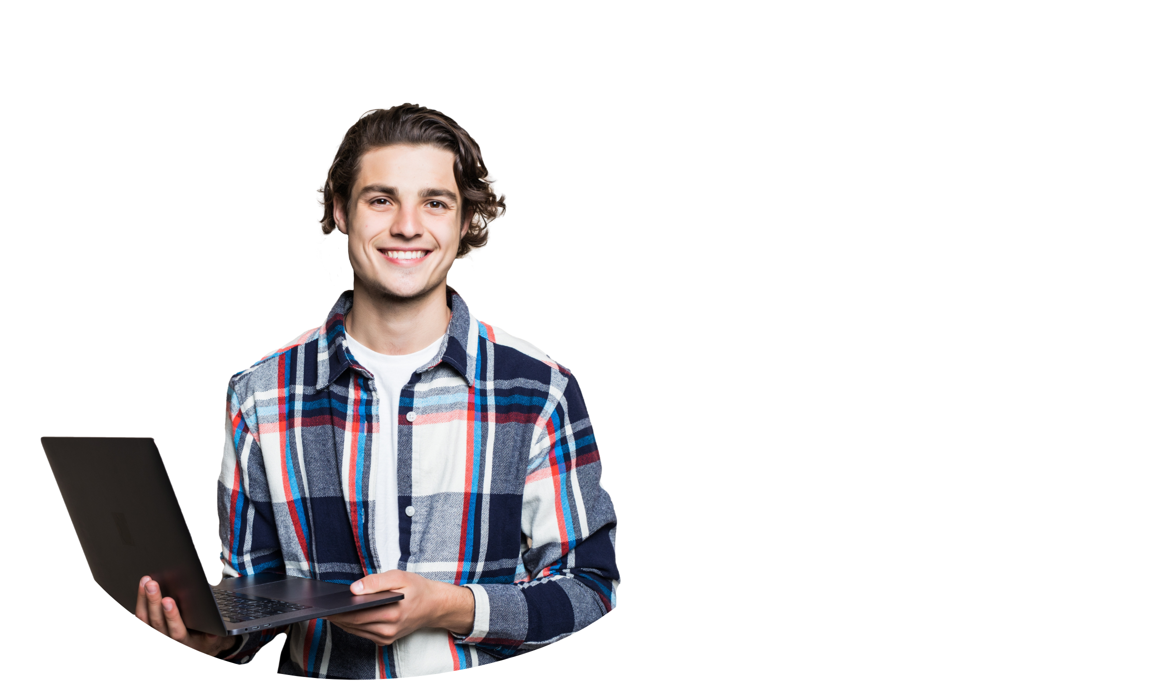 smiling young man holding a open laptop