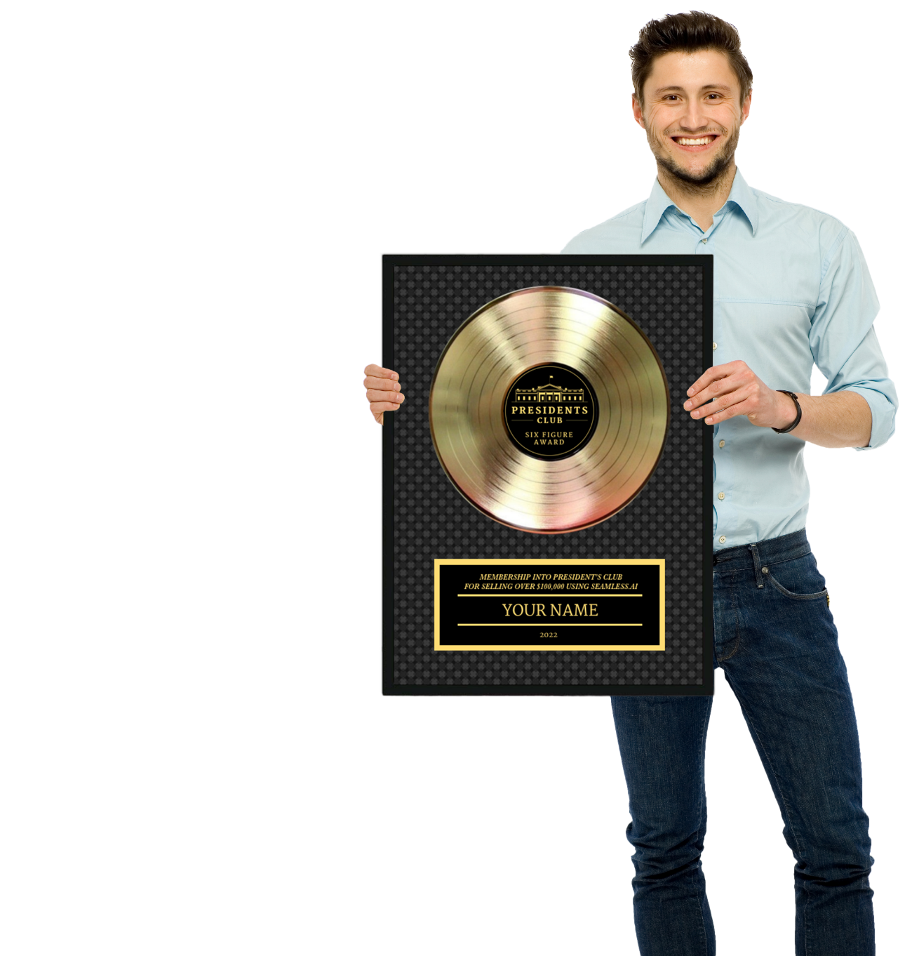 man holding 6-figure President's Club award