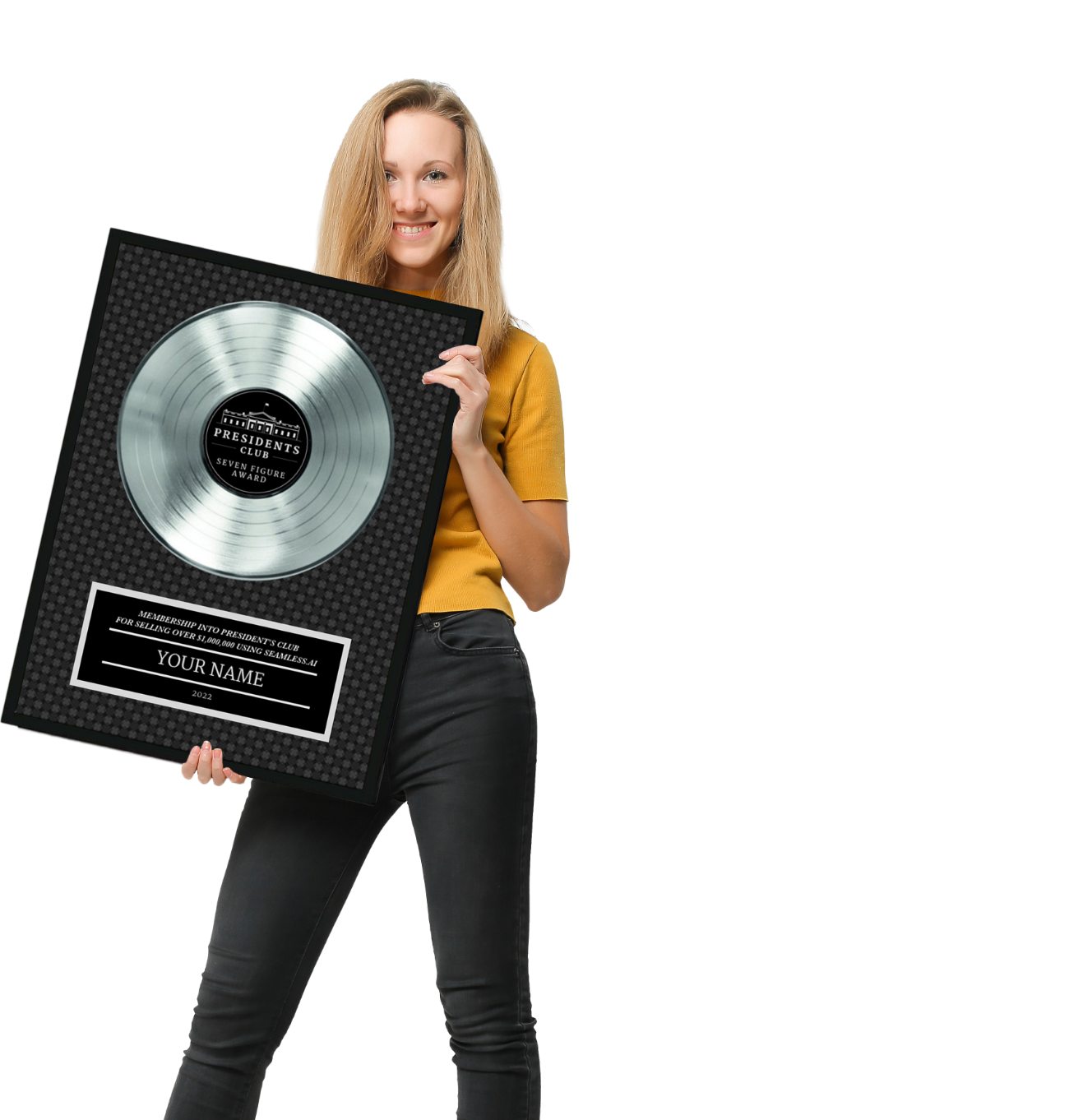 woman holding 7-figure President's Club award