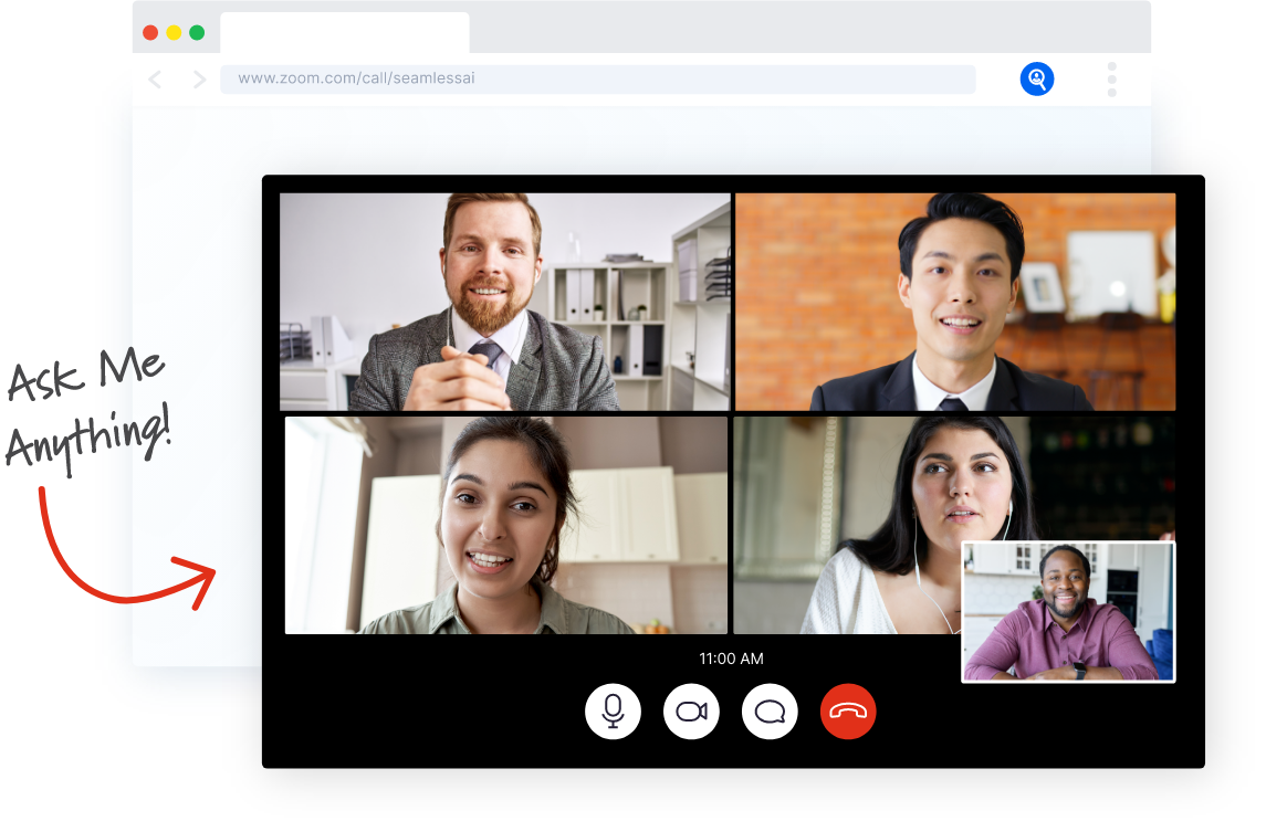 a video meeting with 5 participants with the call out text "Ask Me Anything."