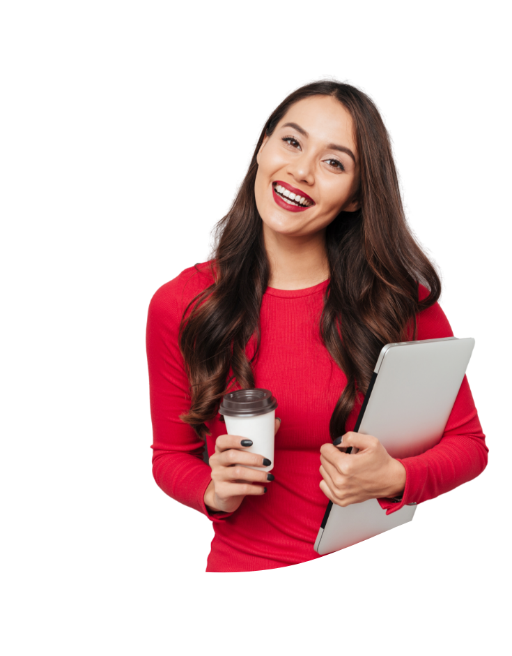 a smiling woman with long dark hair and red lipstick, holding a coffee cup and a laptop