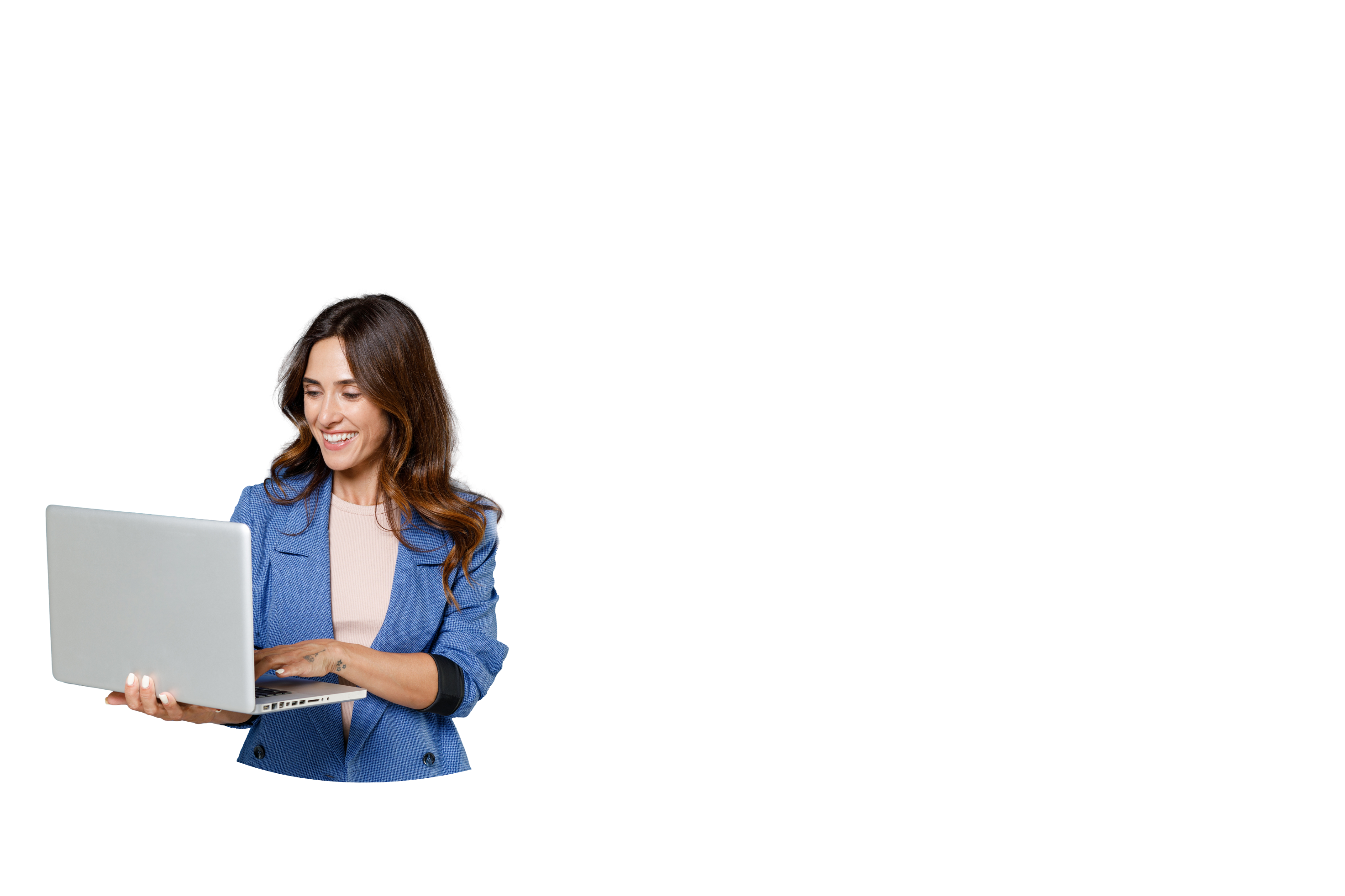 Smiling woman holding an open laptop.