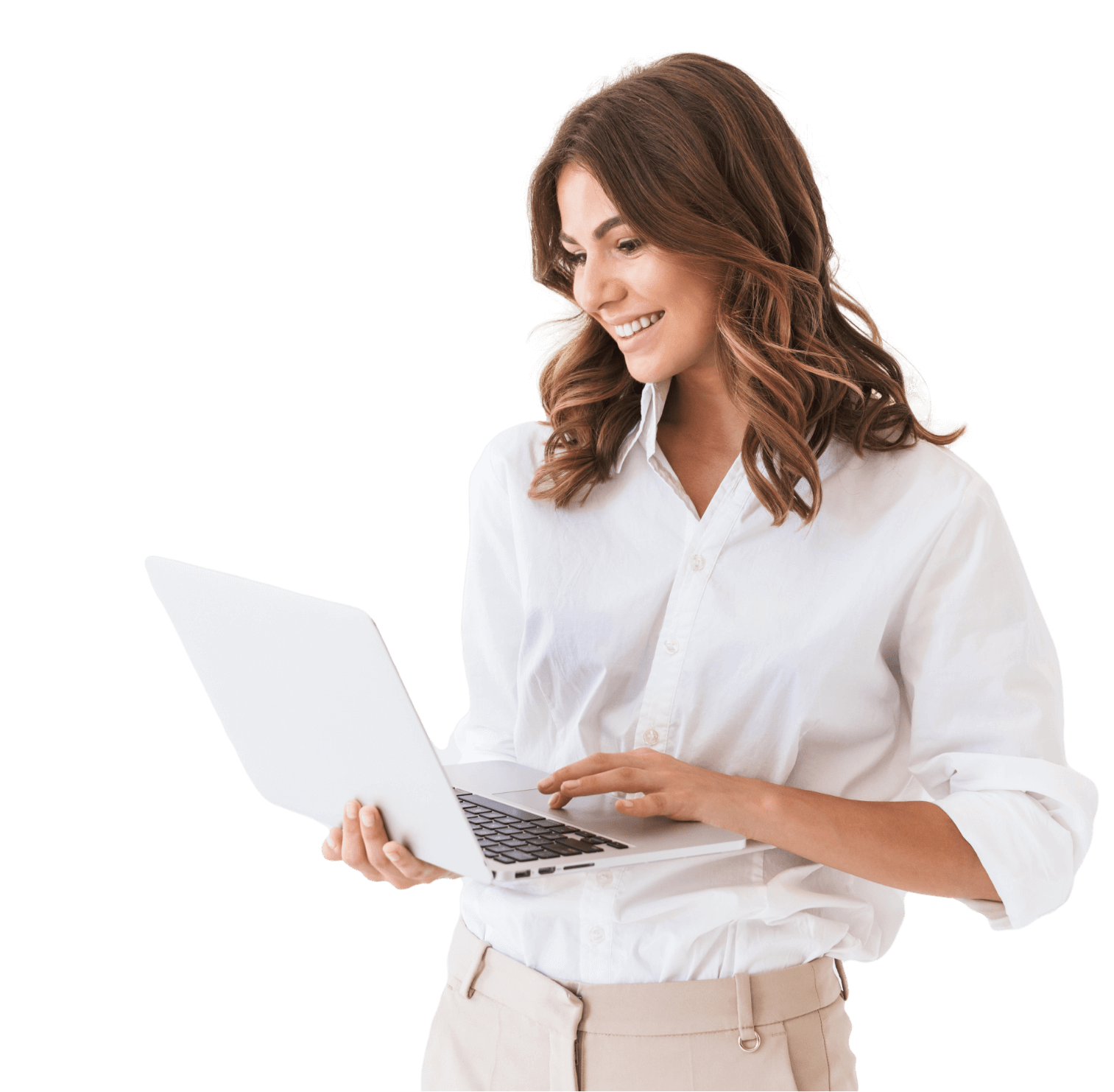 a smiling woman wearing a white collared shirt holding a laptop while standing