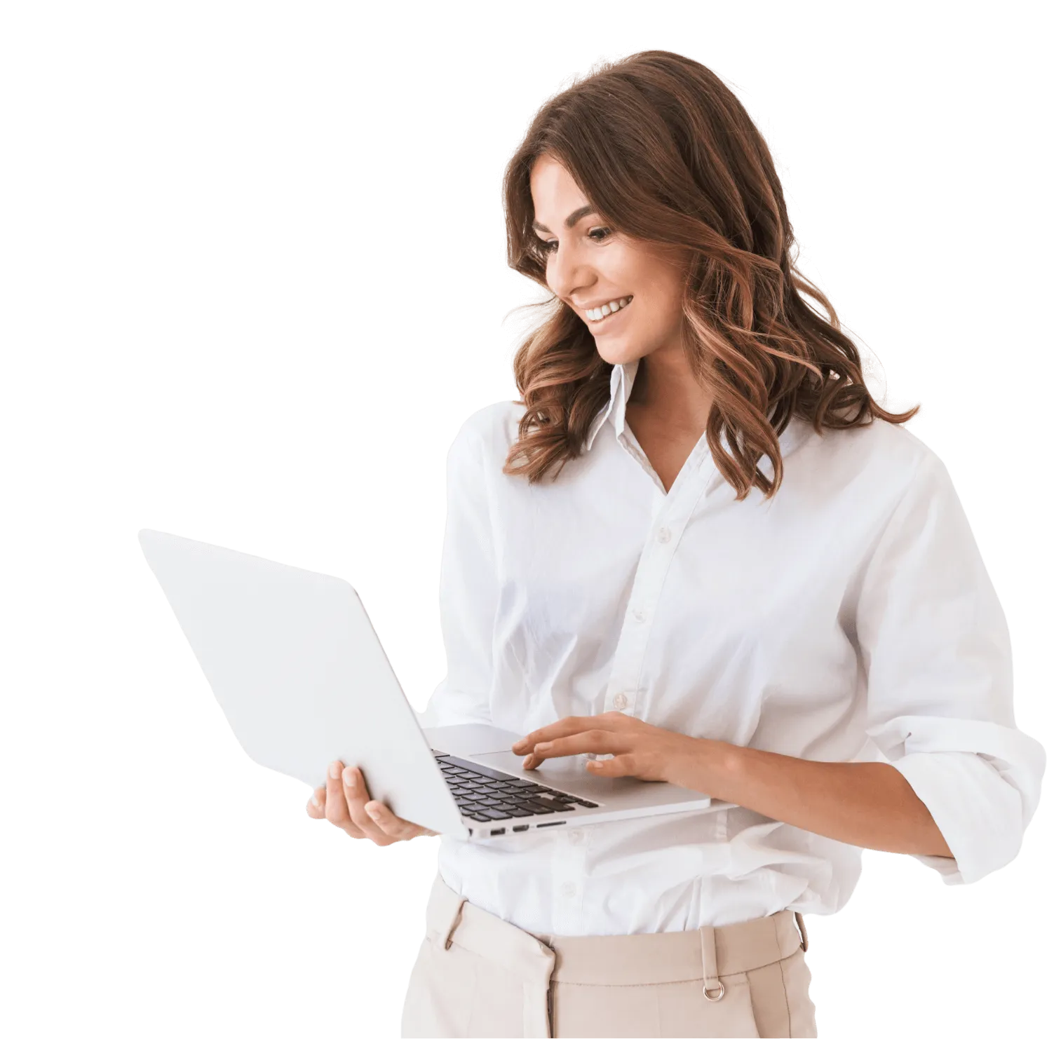 a smiling woman wearing a white collared shirt holding a laptop while standing