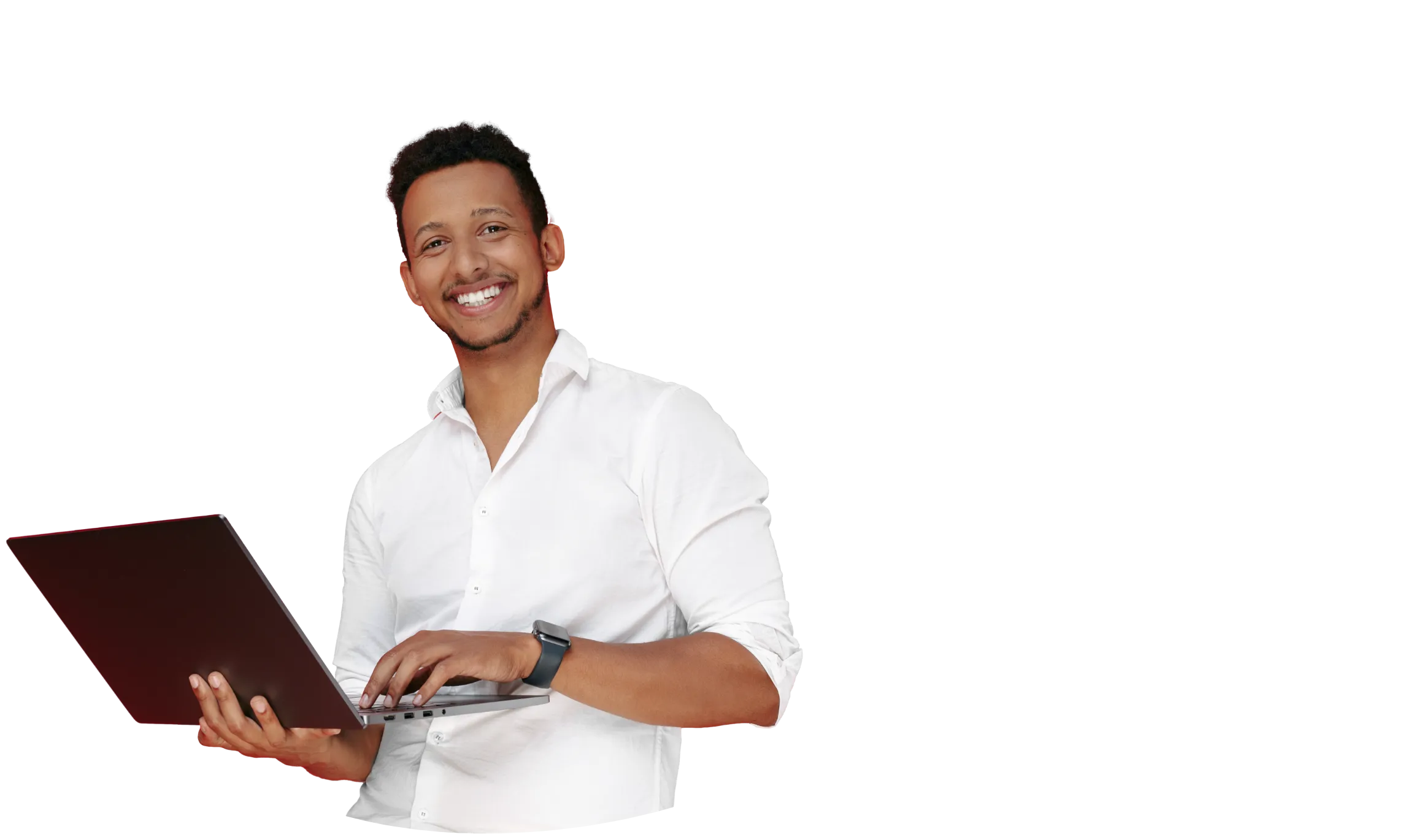 a smiling man holding an open laptop