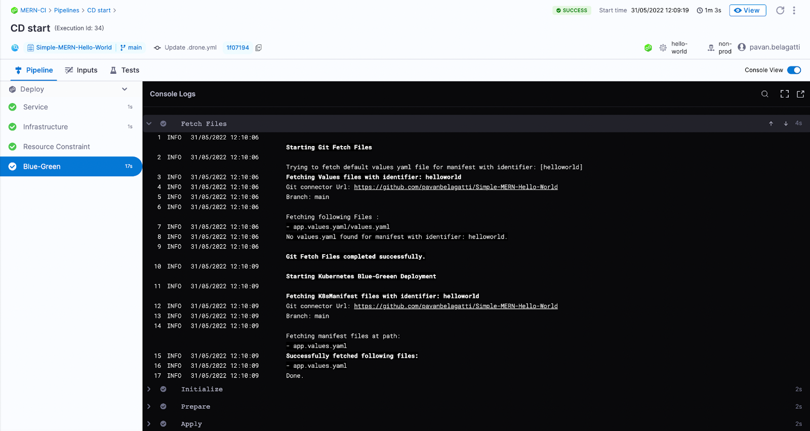 The image shows the console output in the continuous deployment process.