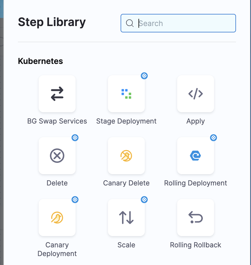 The image shows the step library in the Harness platform. 