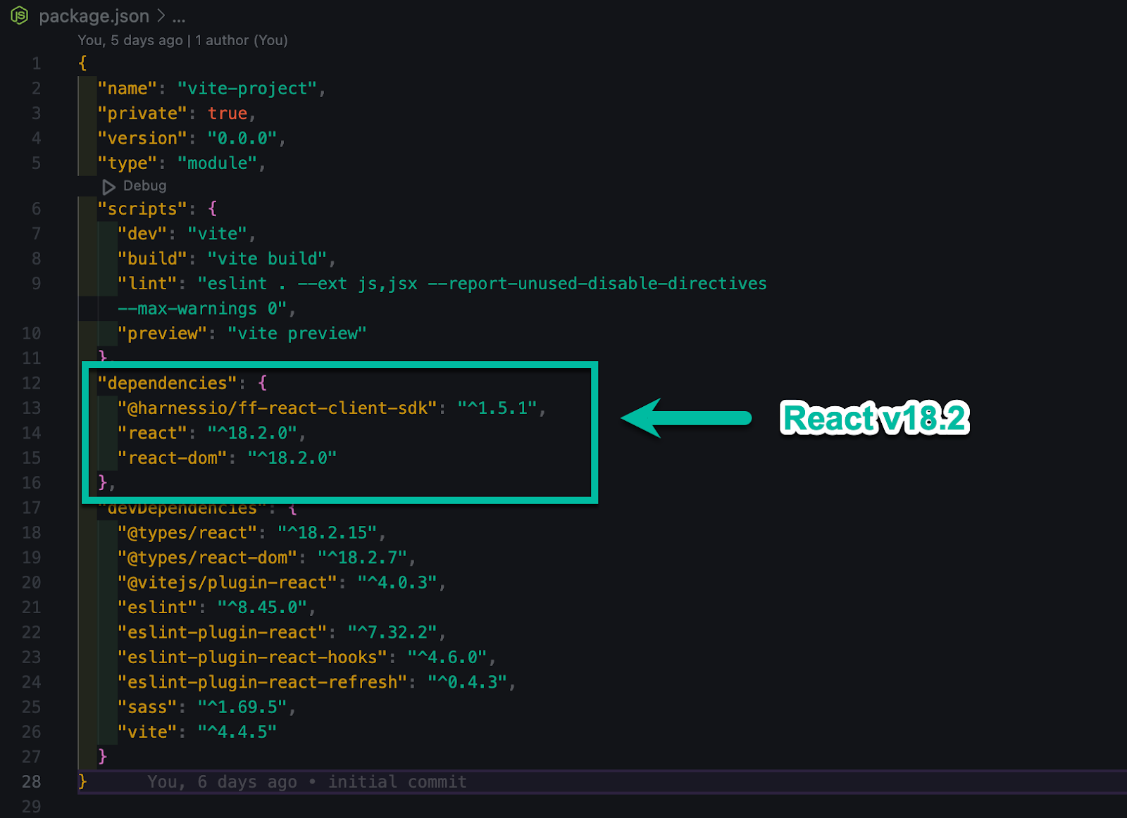 Showing the Harness, React, and React DOM dependencies in the package.json file.