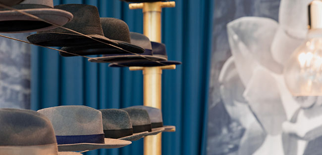 Fedora hats display at Hotel Indigo Los Angeles Downtown