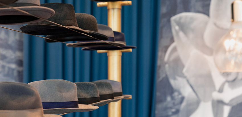 Fedora hats display at Hotel Indigo Los Angeles Downtown