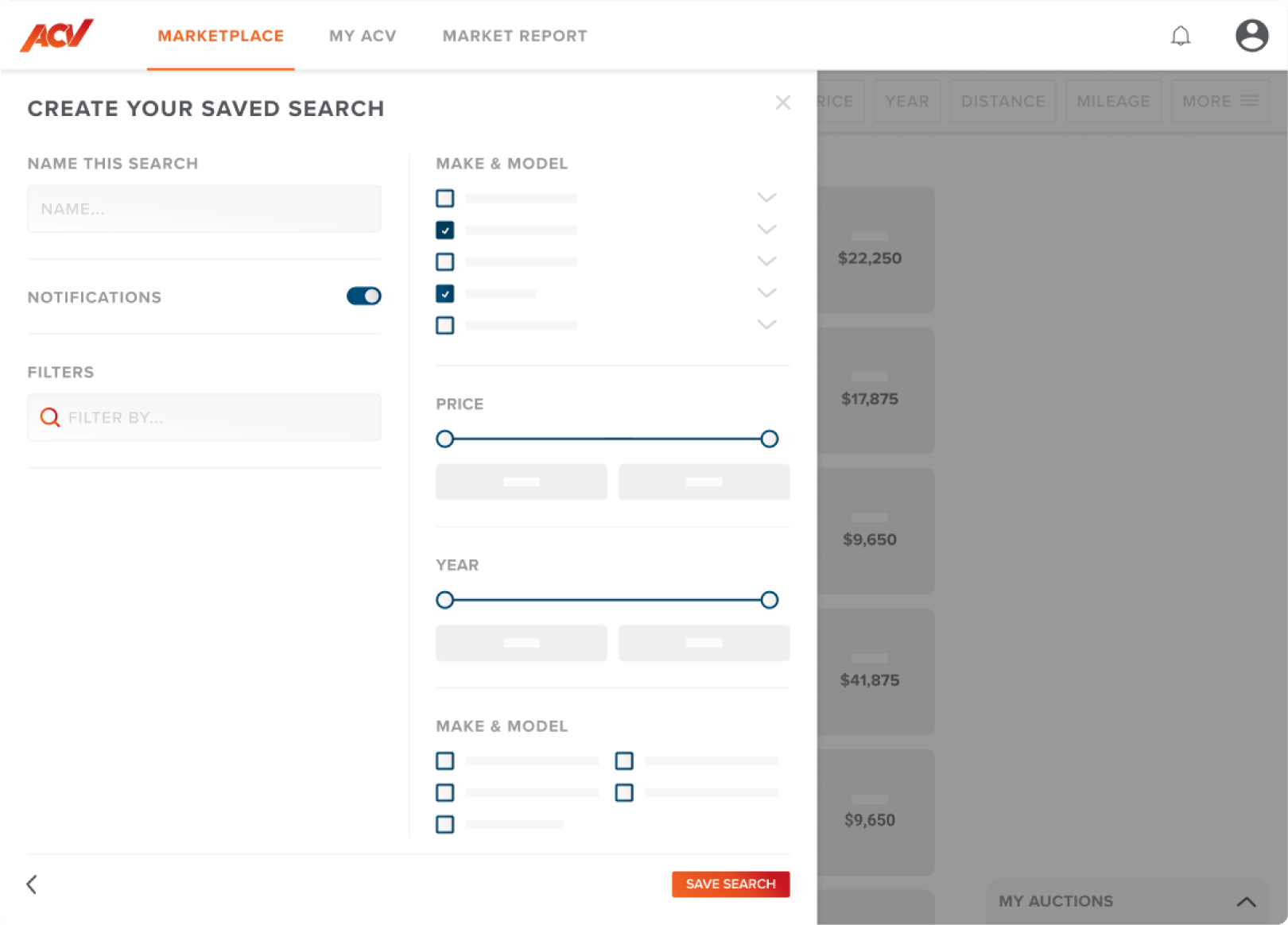 ACV car auction app custom filtering