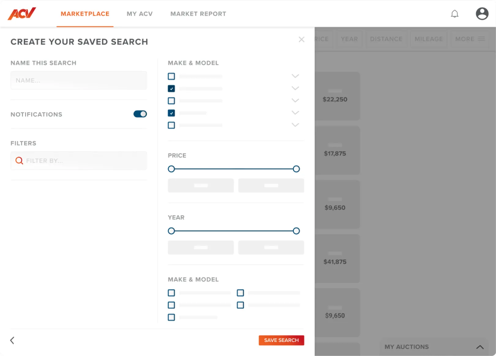 ACV car auction app custom filtering