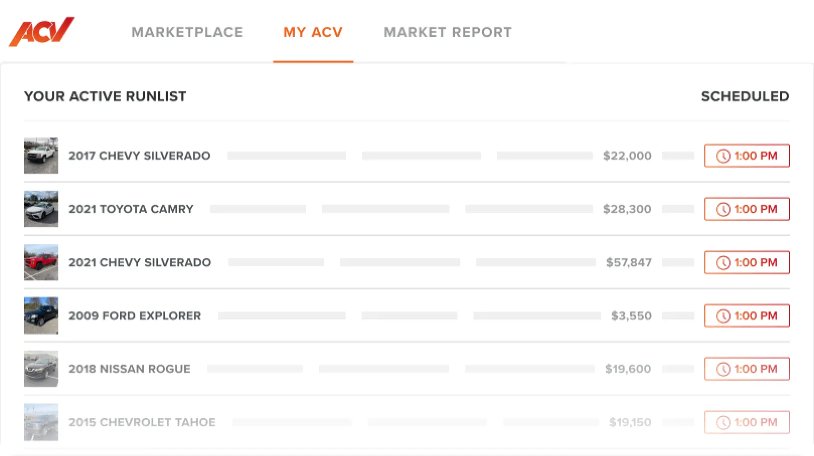 active runlist with the list of all vehicles to sell online