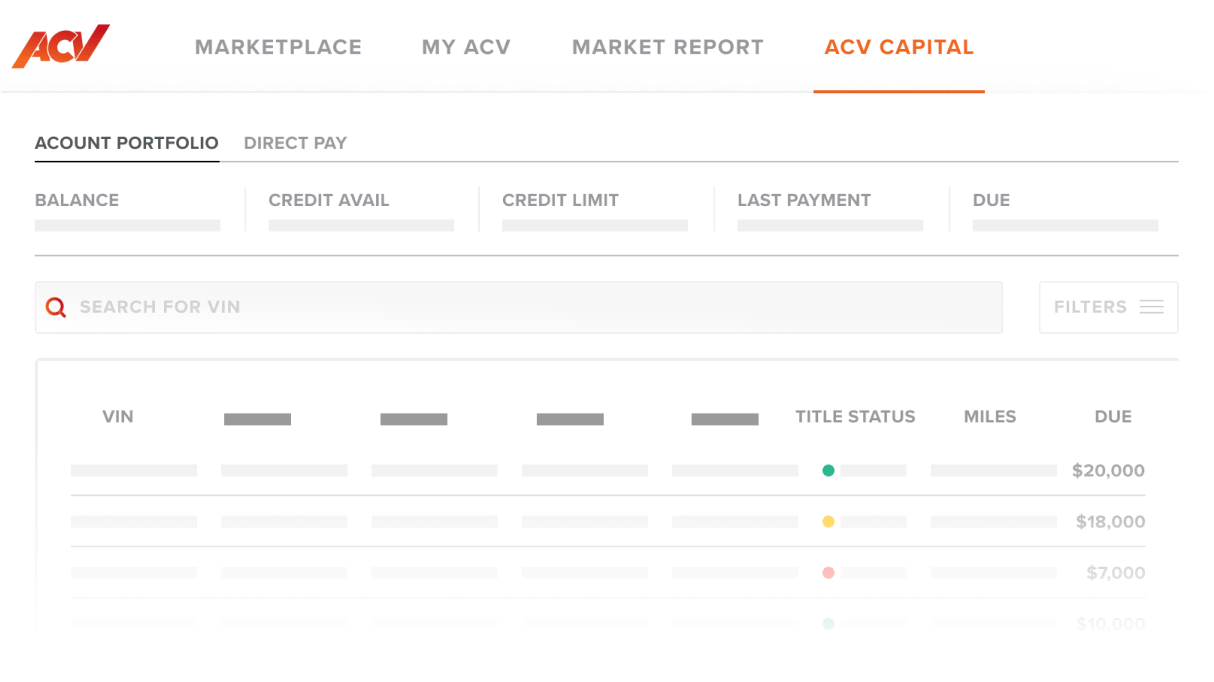 ACV capital account portfolio listing payment and credit details