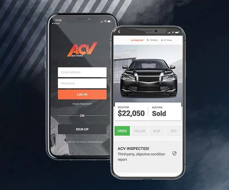 Two smartphones display the ACV App login screen and the Live Appraisal page for a black car, respectively.