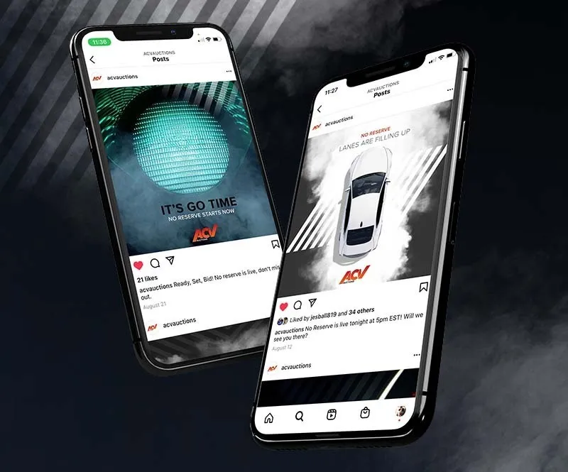 Two smartphones display ACV Instagram posts for No Reserve Auctions and overlay a smoky black and gray patterned background.