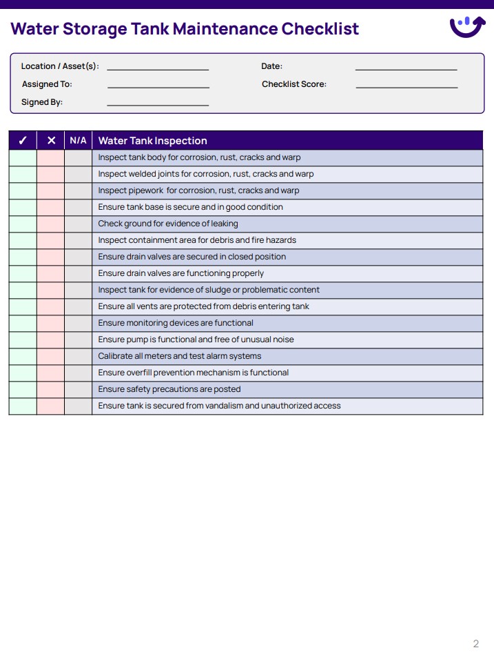 Water Storage Tank Maintenance Checklist Xenia Templates