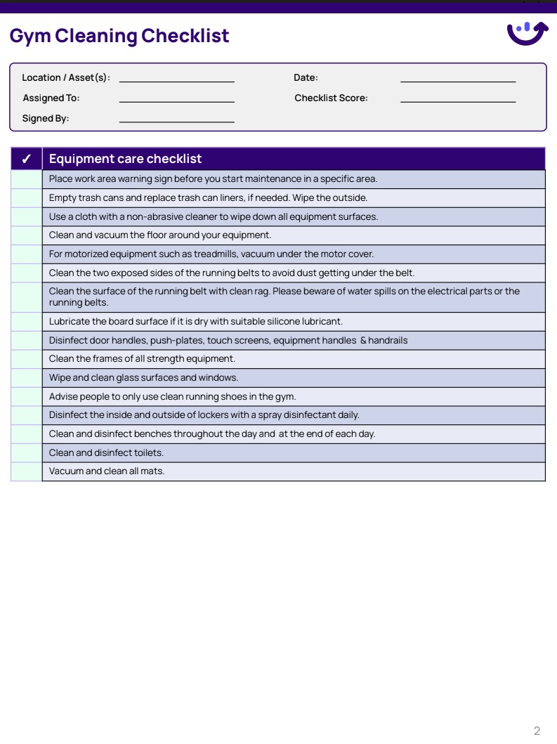 Gym Cleaning Checklist