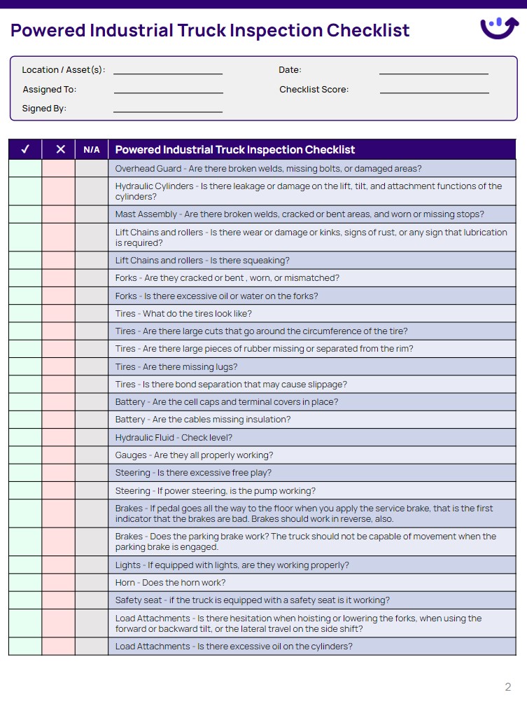 Osha Powered Industrial Truck Inspection Checklist | Xenia Templates