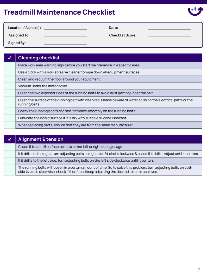 Treadmill Maintenance Checklist | Xenia Templates