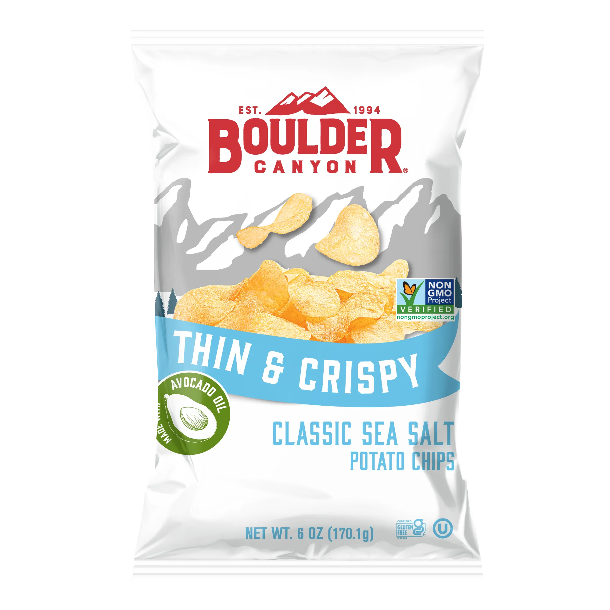 View Boulder Canyon Avocado Oil Thin & Crispy Classic Sea Salt Potato Chips and other products made with Avocado Oil.
