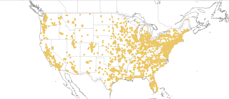 Map of the US showing yellow data points representing where Inflammation awareness participants live, by zip code. The map shows higher saturation in the Eastern half of the United States, with more concentrated representation along the West Coast