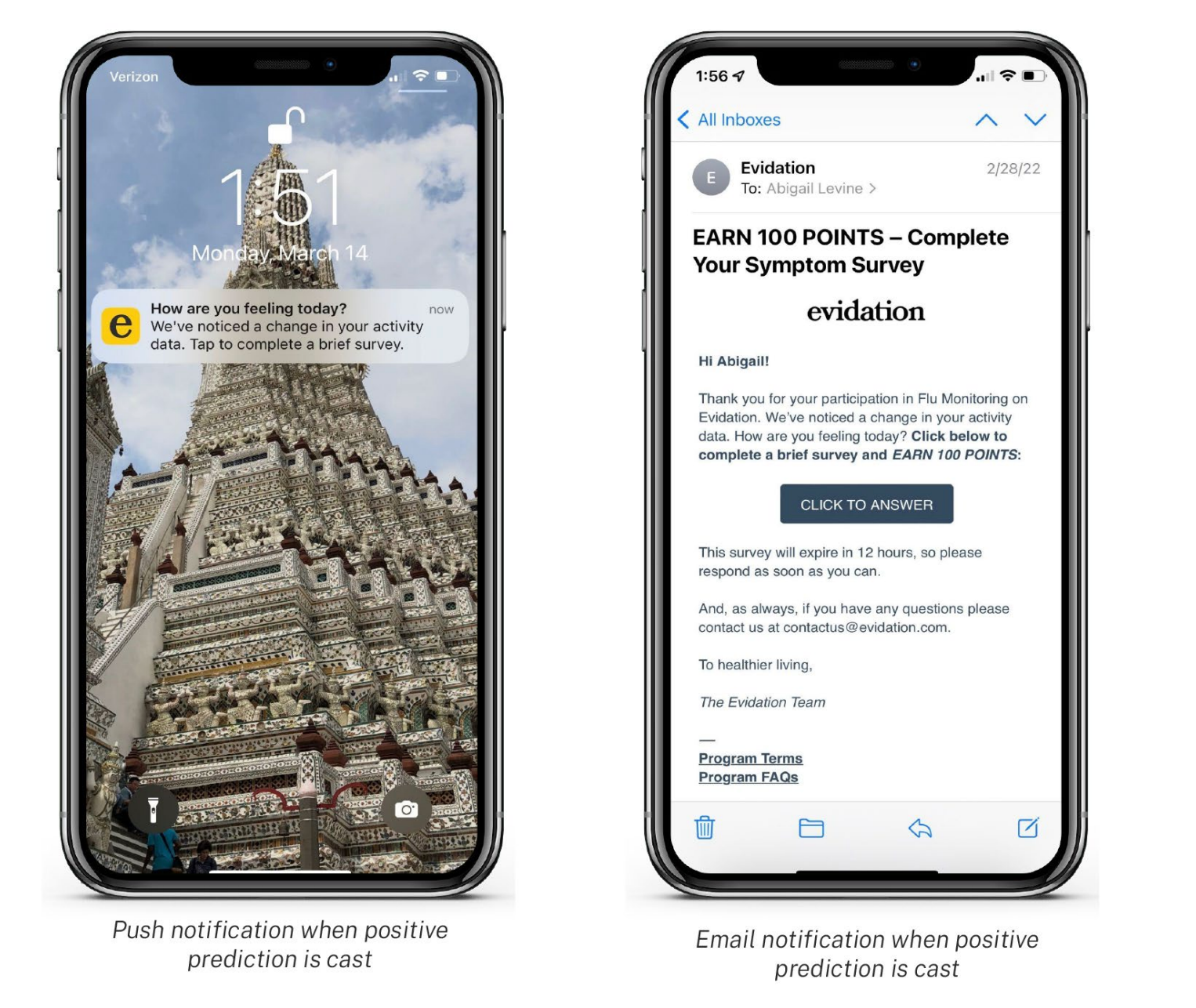 Evidation app showing push notifications when positive prediction is cast