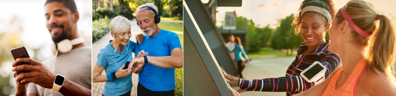 Images of people smiling with devices