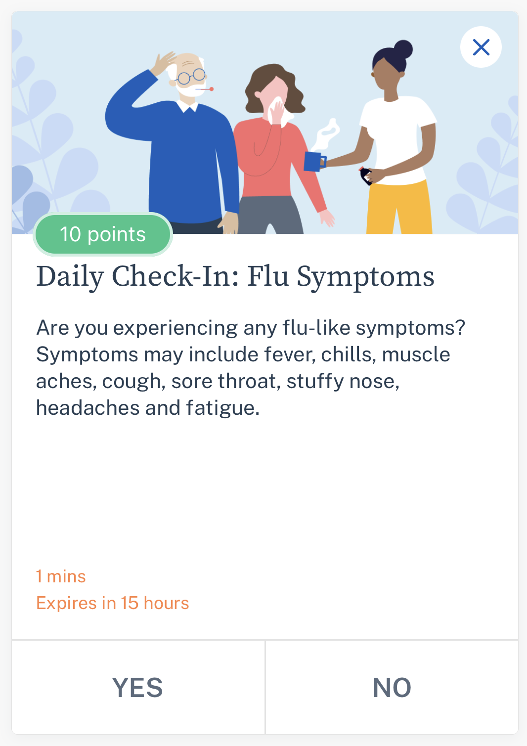 screenshot of an offer within the Evidation app asking members if they are experiencing flu-like symptoms