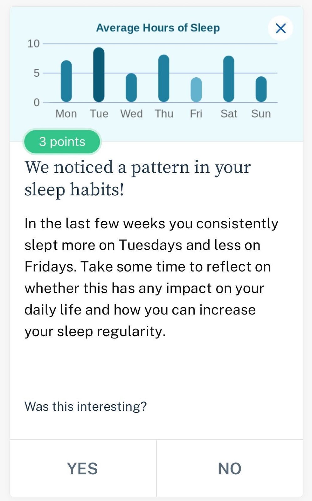 Screenshot of offer in the Evidation app showing shart with a member's average hours of sleep per night by day of week