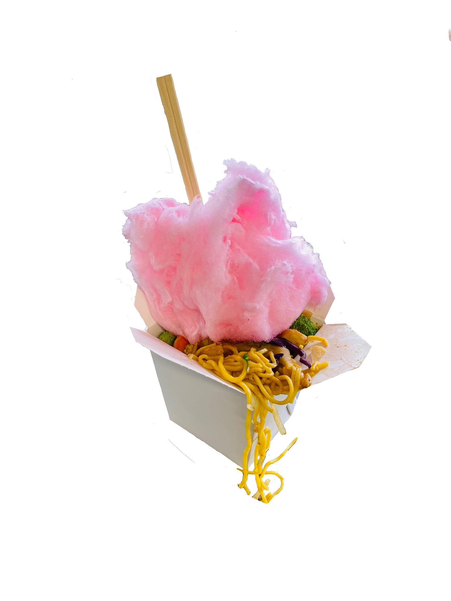 A noodle dish with pink cotton candy on top.