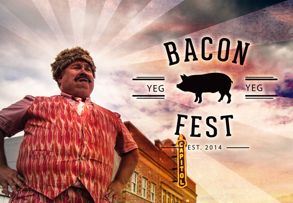 A man wears a vest and skirt made of bacon.