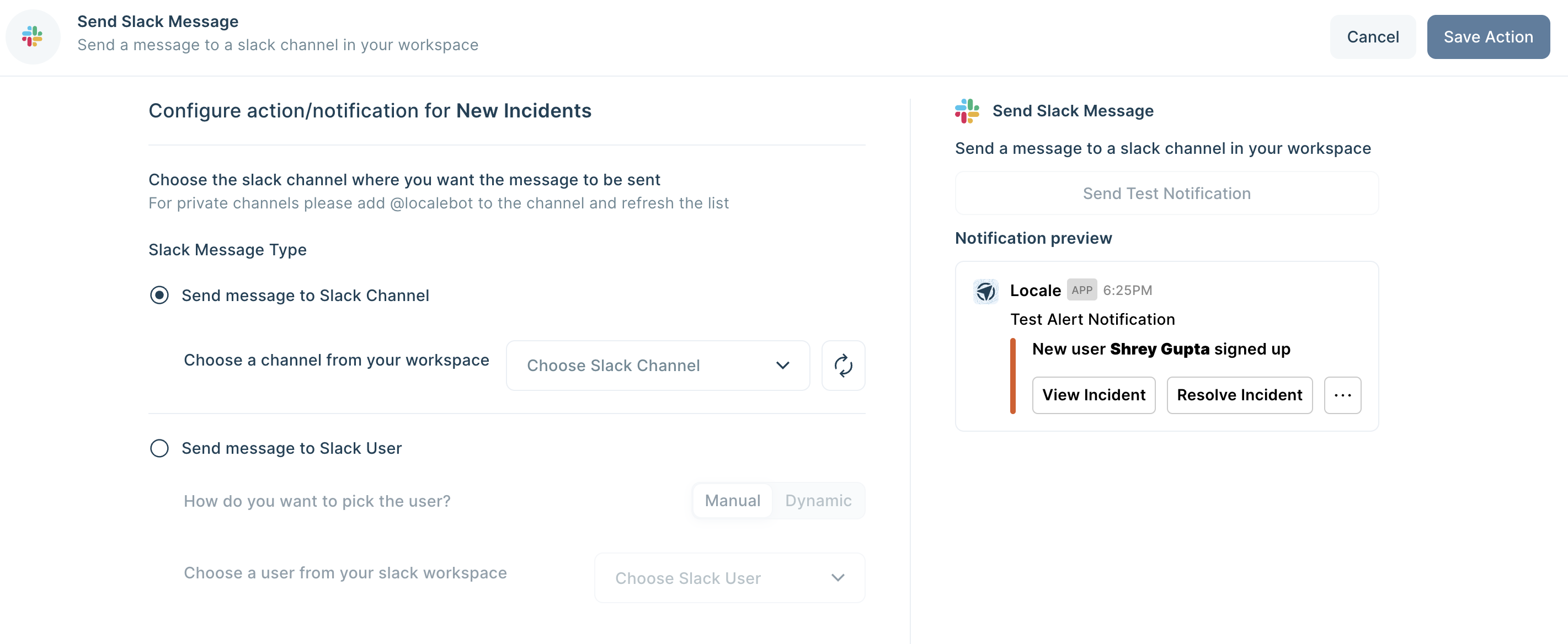 Configuring Slack alerts to define whom to send alerts on Locale