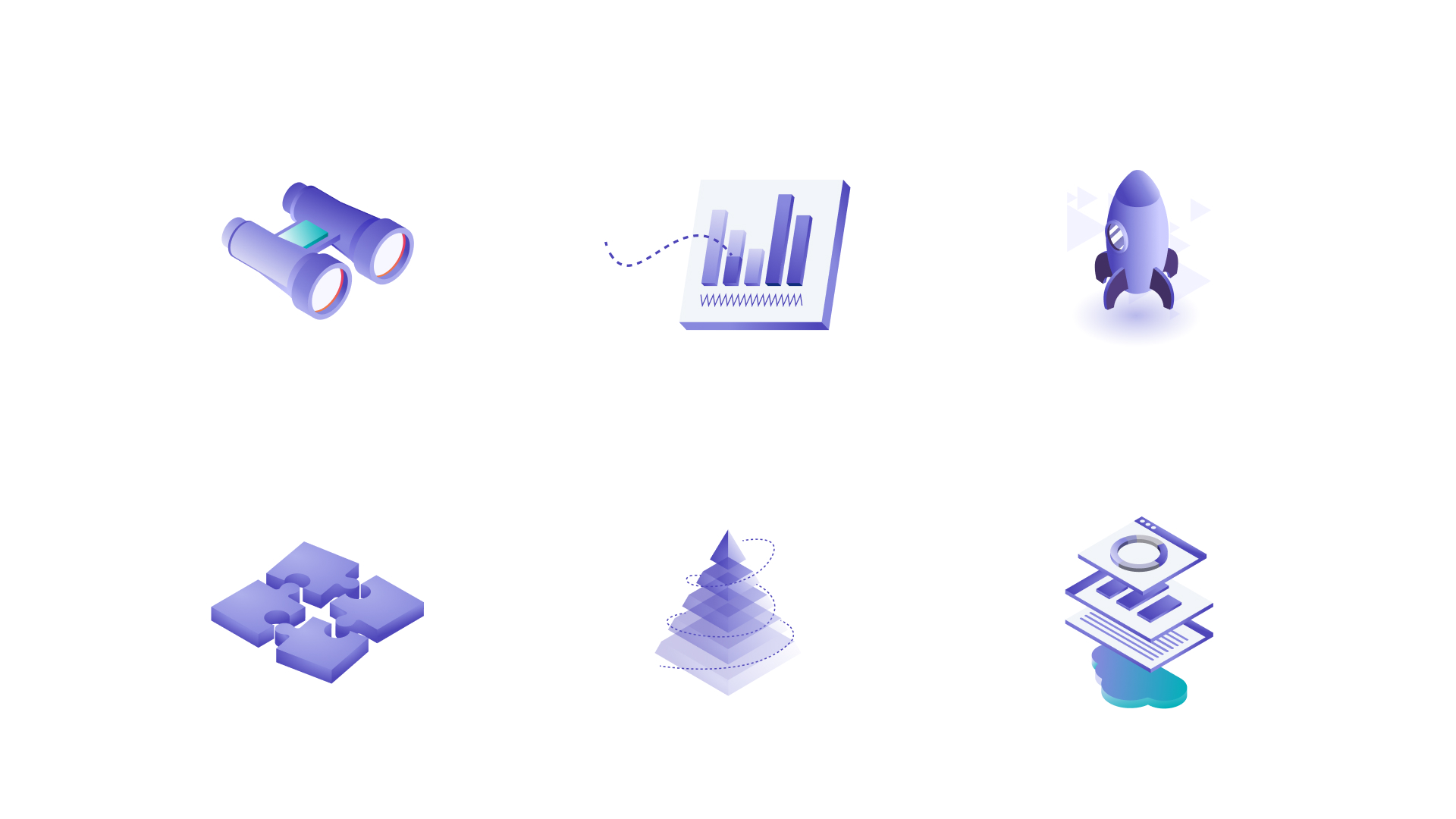 Six custom-made illustrations in the brand style of Senseon: a pair of binoculars, a graph, a rocket, a puzzle, a pyramid and a pile of charts.