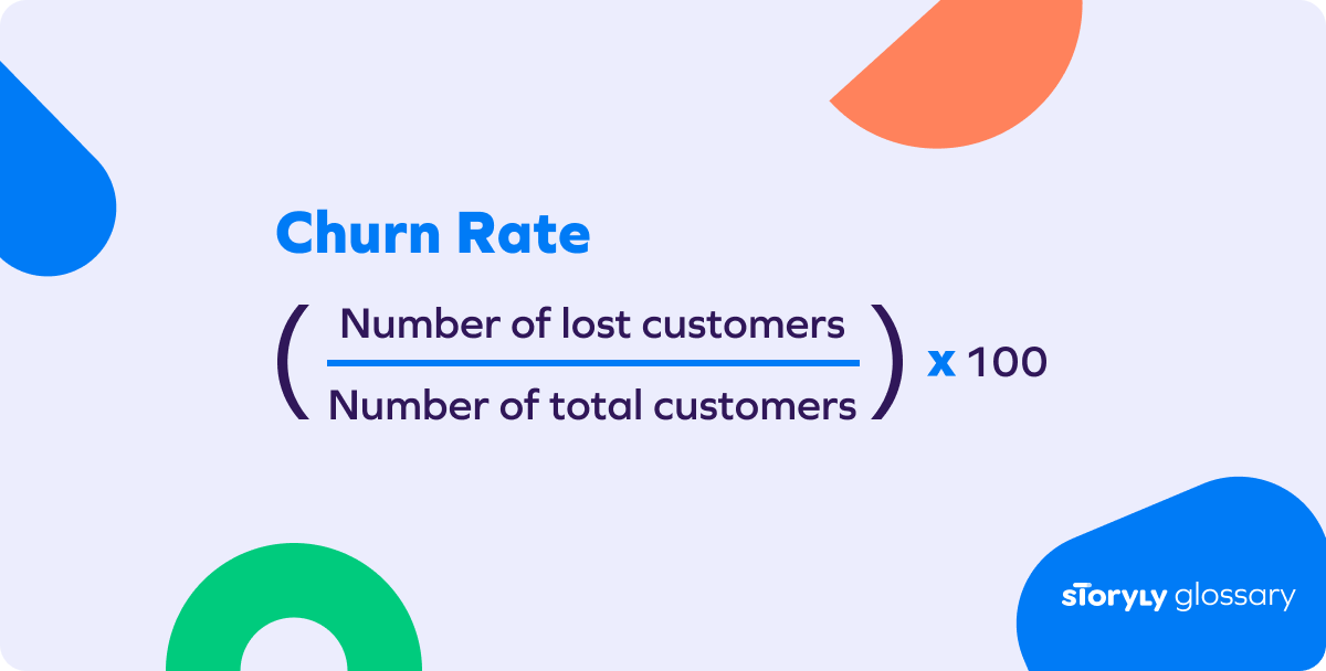 Formula of churn rate: umber of lost customers divided by the number of total customers. The result is multiplied by 100 to express as percentage.