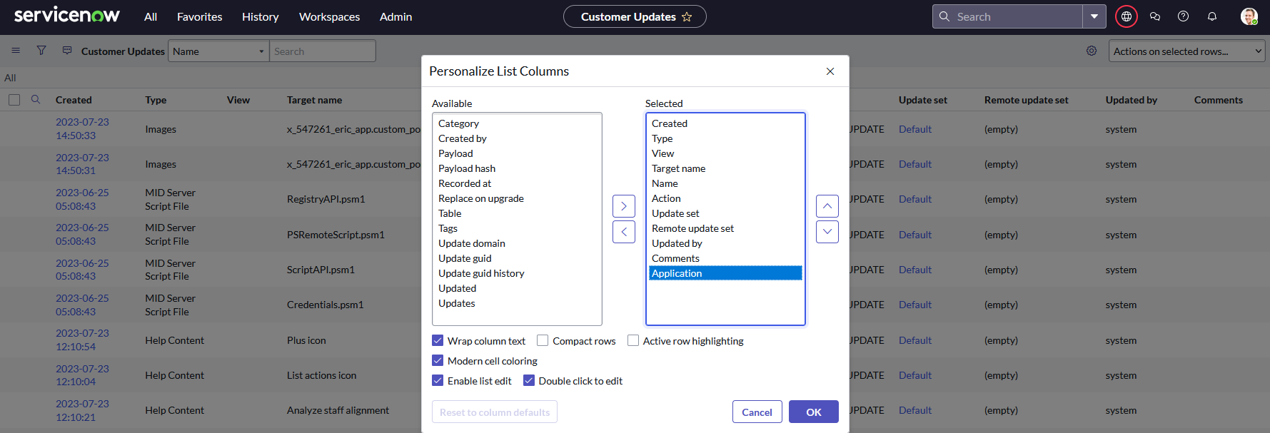 List column personalization