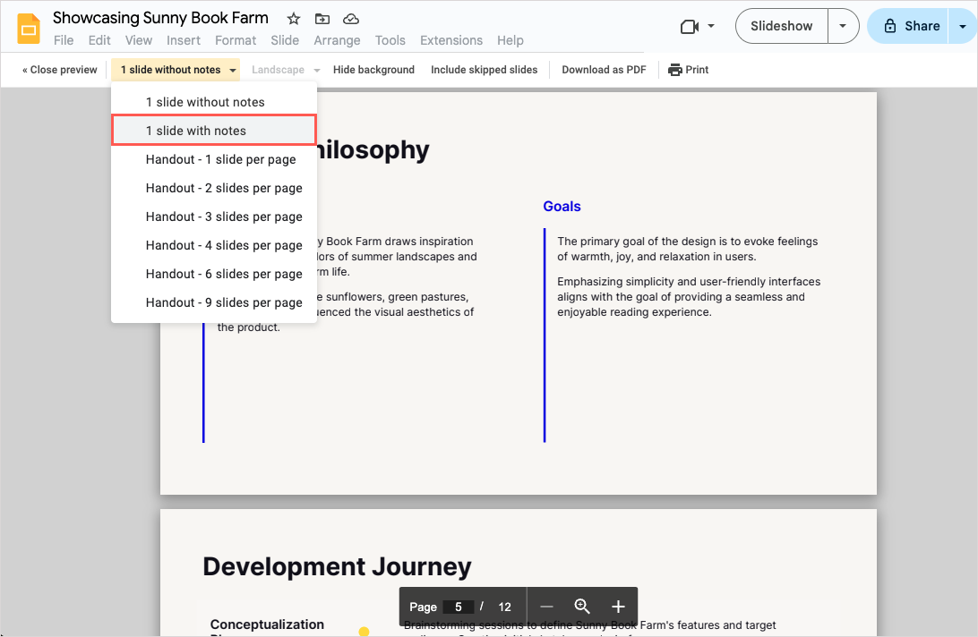 how to print presentation with notes google slides