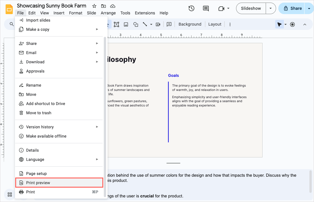 how to print presentation with notes google slides