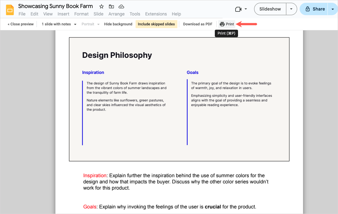 how to print presentation with notes google slides