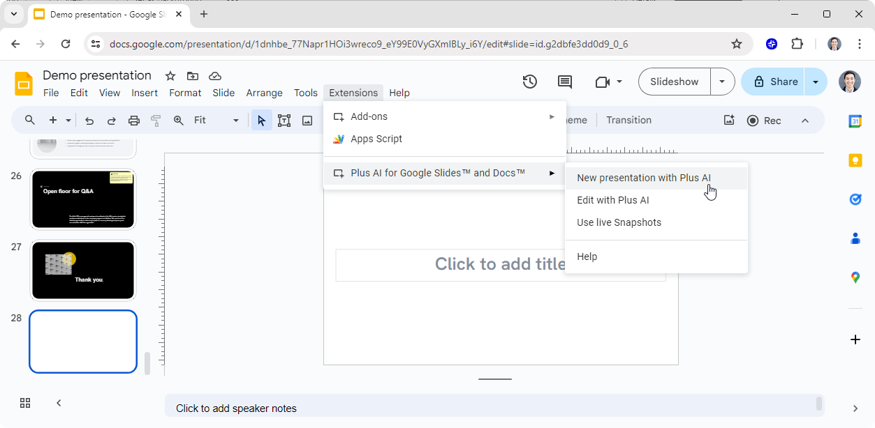 Plus AI add-on in Google Slides